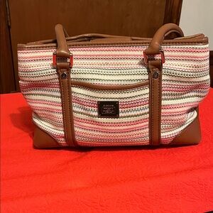 Liz Claiborne Cream and Pink Striped Woven Tote with Brown Trim